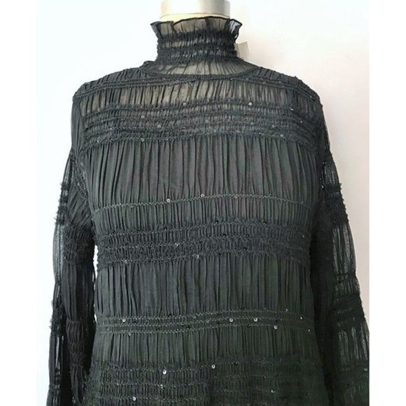 ZARA BLACK RUCHED SEQUIN HIGH NECK LONG SLEEVE MAXI DRESS S NWT - Picture 8 of 13